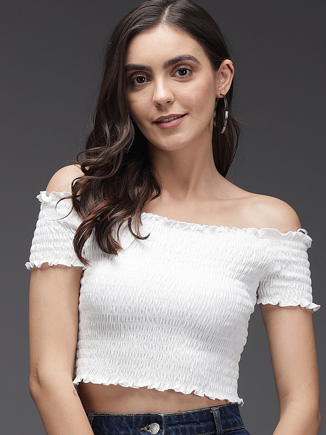 

Darzi White Off-Shoulder Crepe Bardot Crop Top