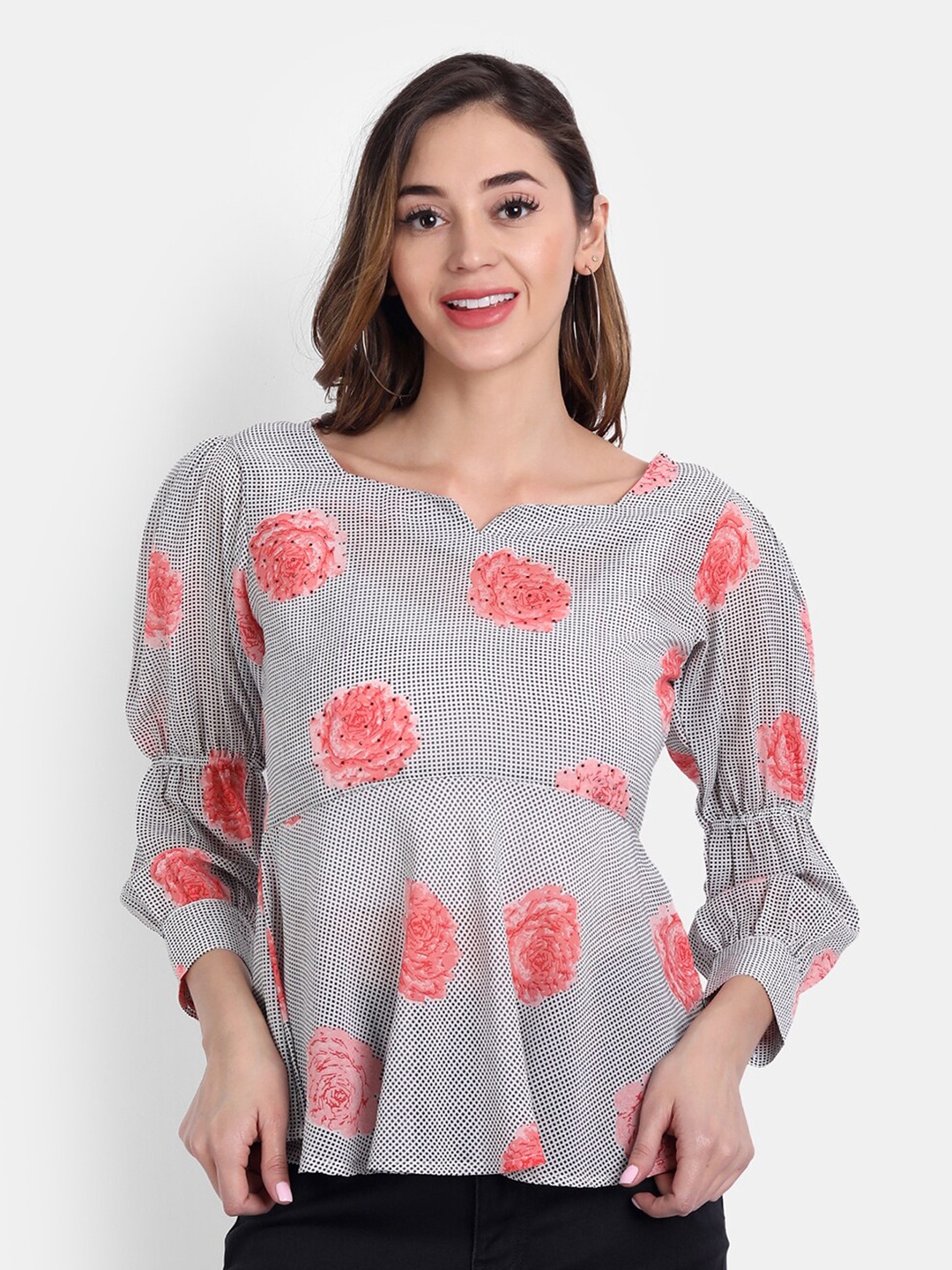 

HK colours of fashion Grey & Red Floral Print Georgette Peplum Top