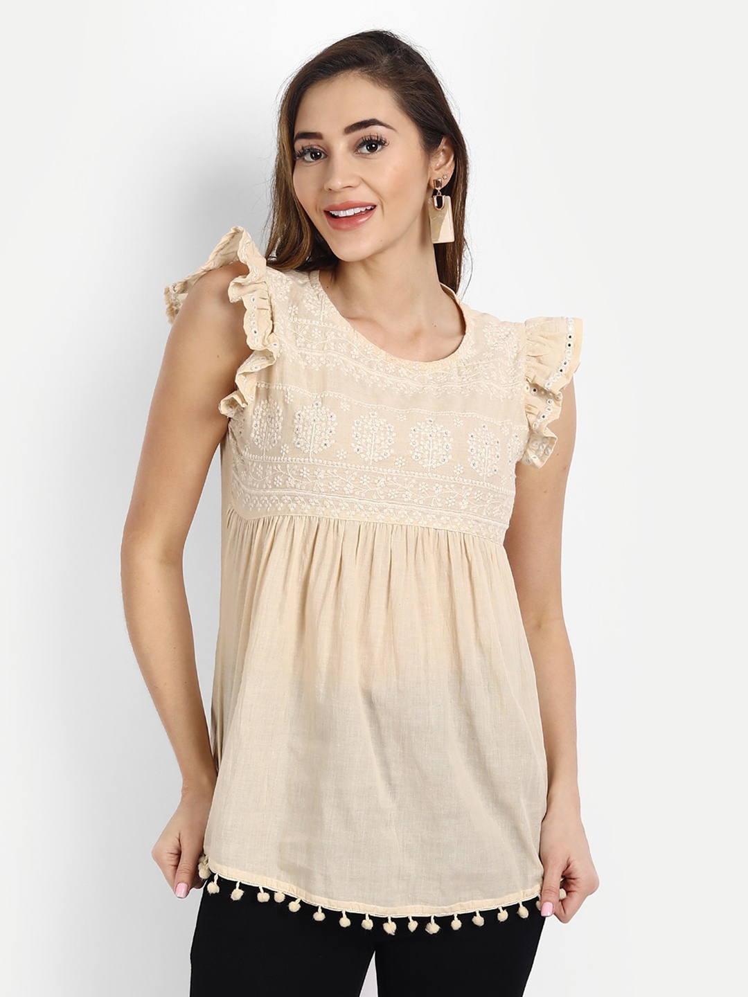 

HK colours of fashion Cream-Coloured Embroidered Empire Top With Lace Detailing