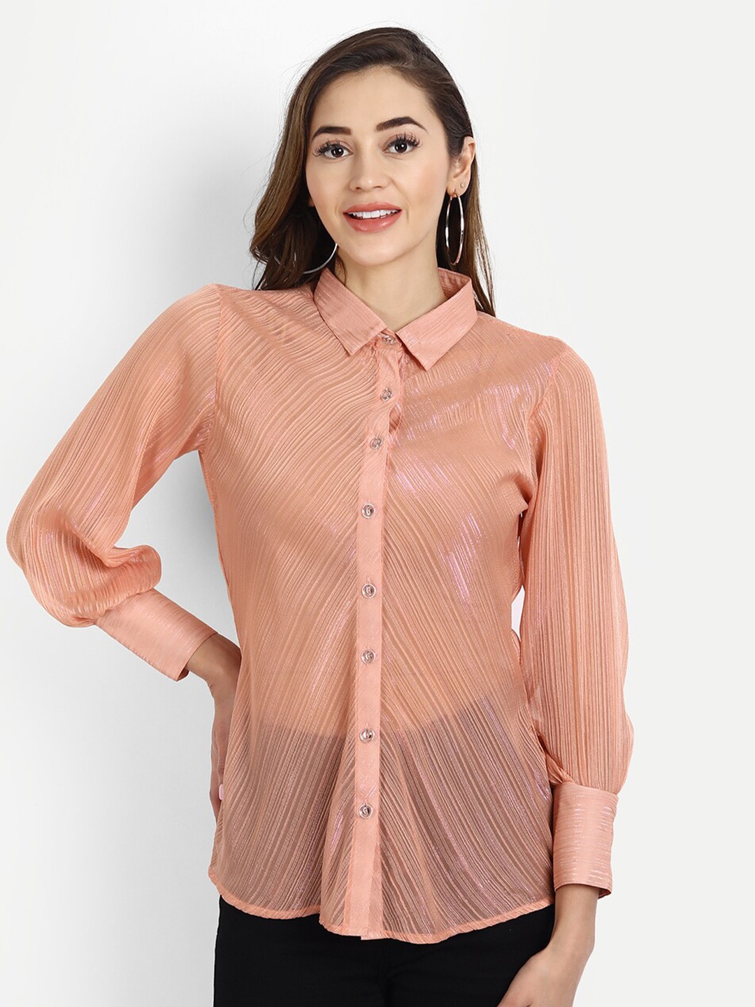 

HK colours of fashion Women Peach-Coloured Semi-Sheer Shirt Style Top