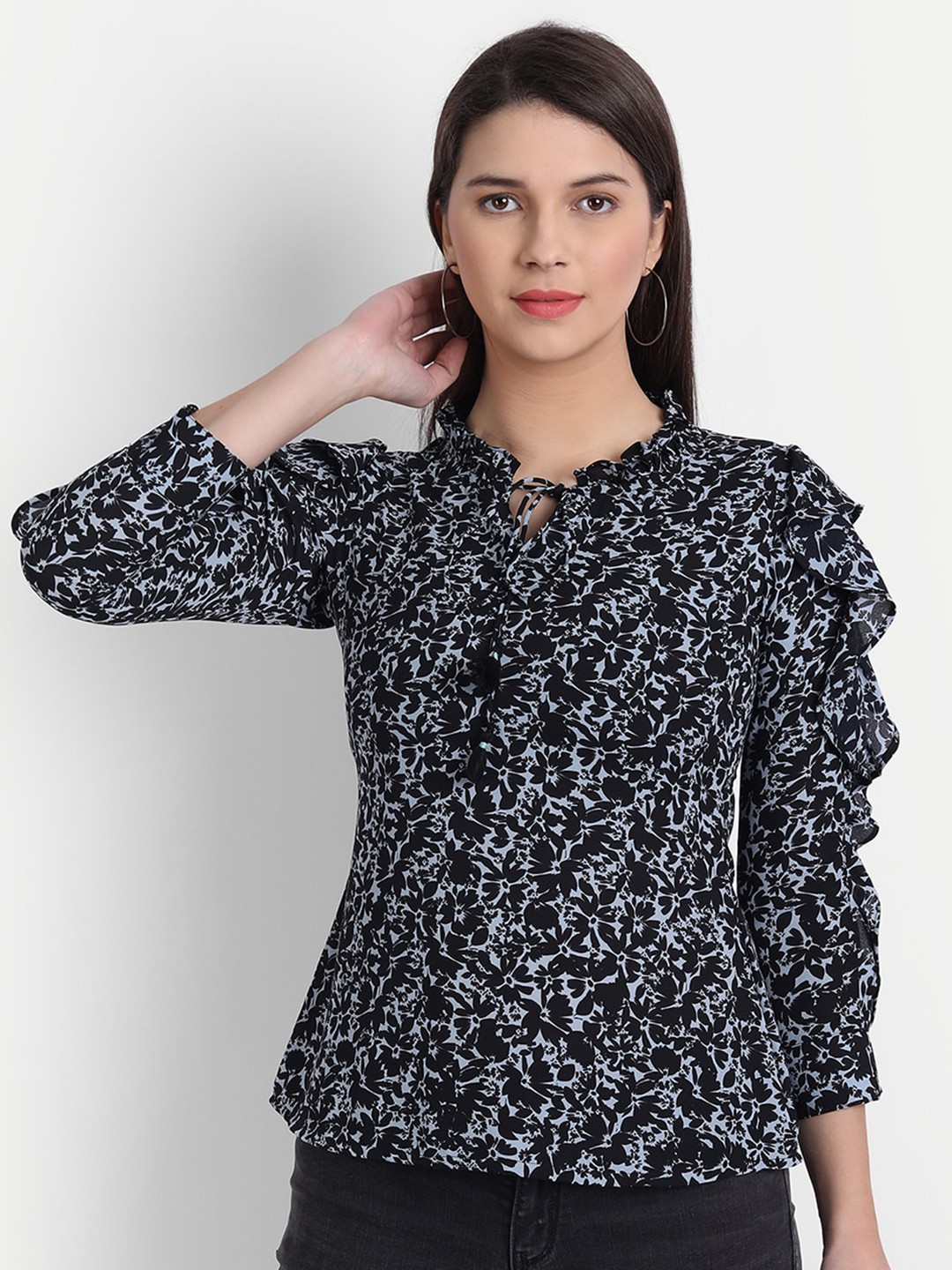 

HK colours of fashion Black Print Tie-Up Neck Ruffles Crepe Top