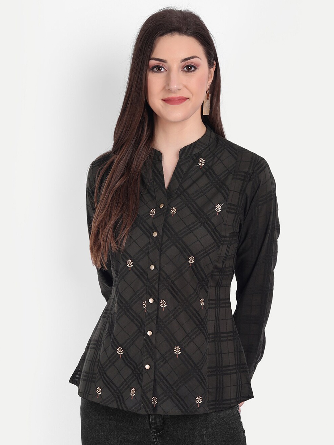 

HK colours of fashion Olive Green Print Cotton Shirt Style Top