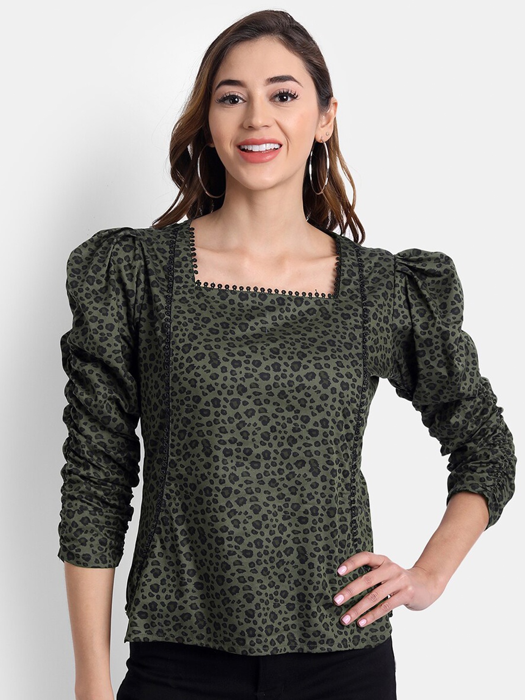

HK colours of fashion Women Olive Green Animal Print Top