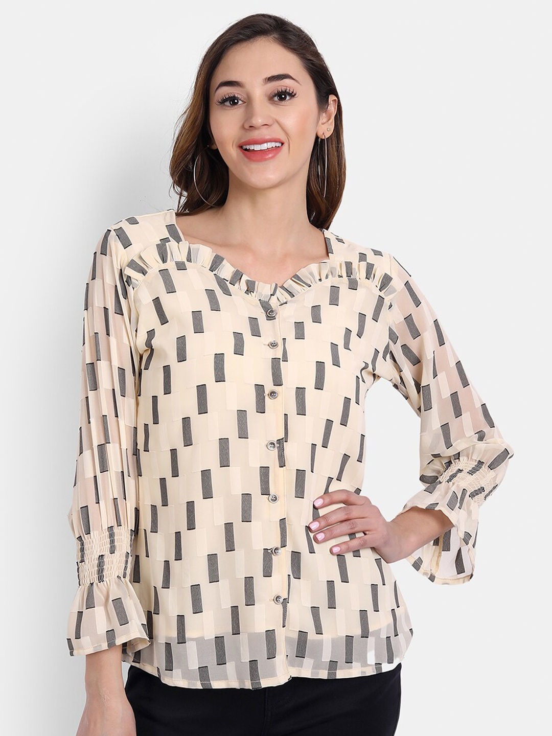 

HK colours of fashion Beige Geometric Print Bell Sleeves Georgette Top