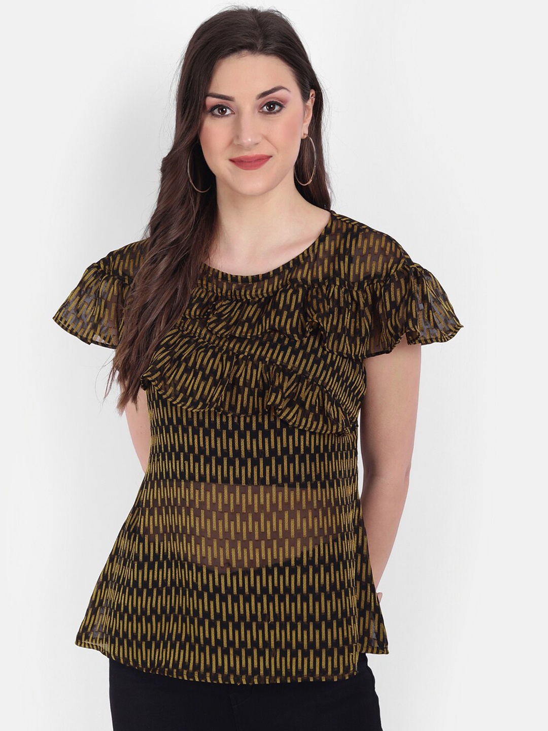 

HK colours of fashion Black & Yellow Jacquard Ruffled Top