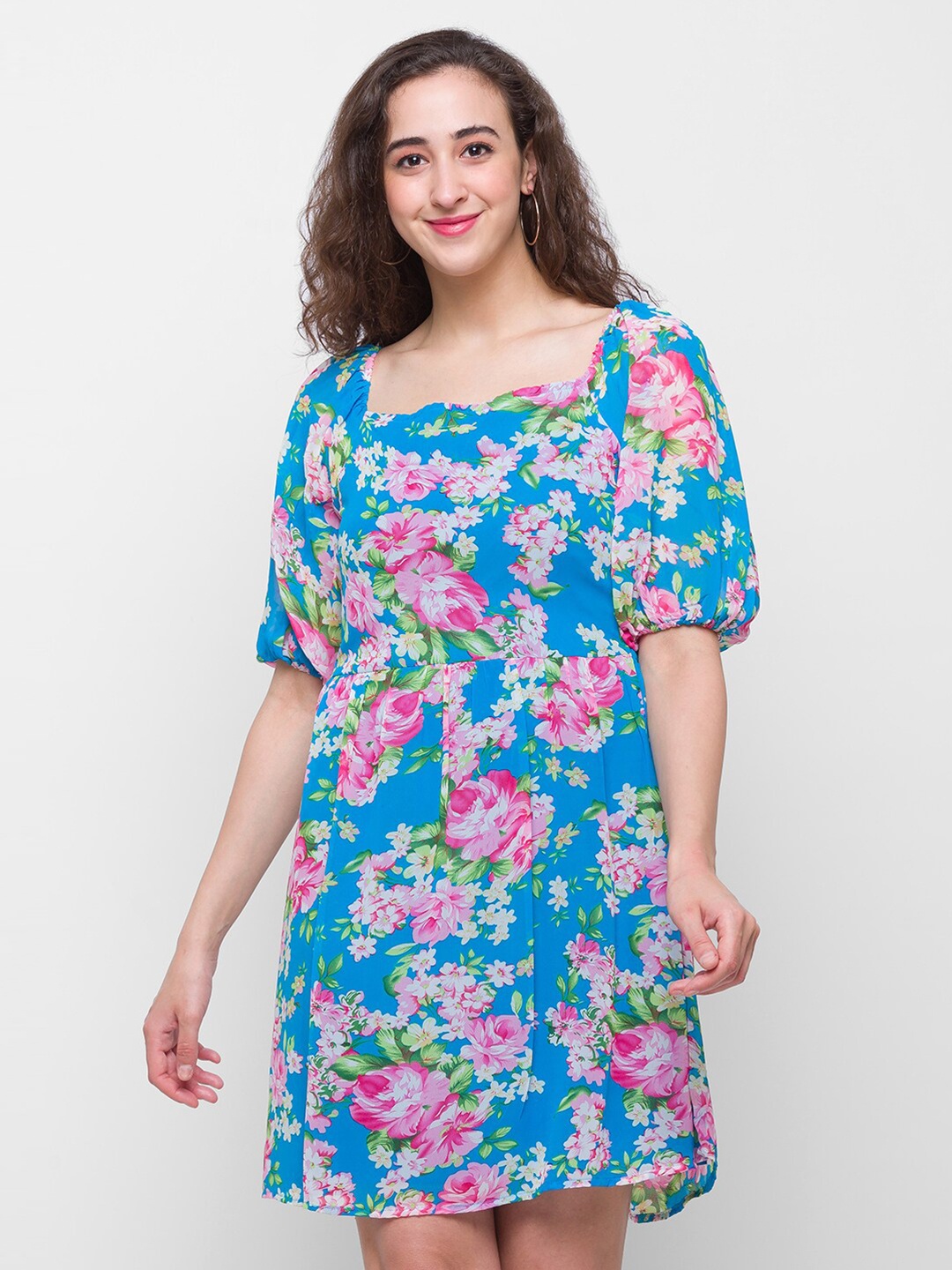 

Globus Blue Floral Georgette A-Line Dress