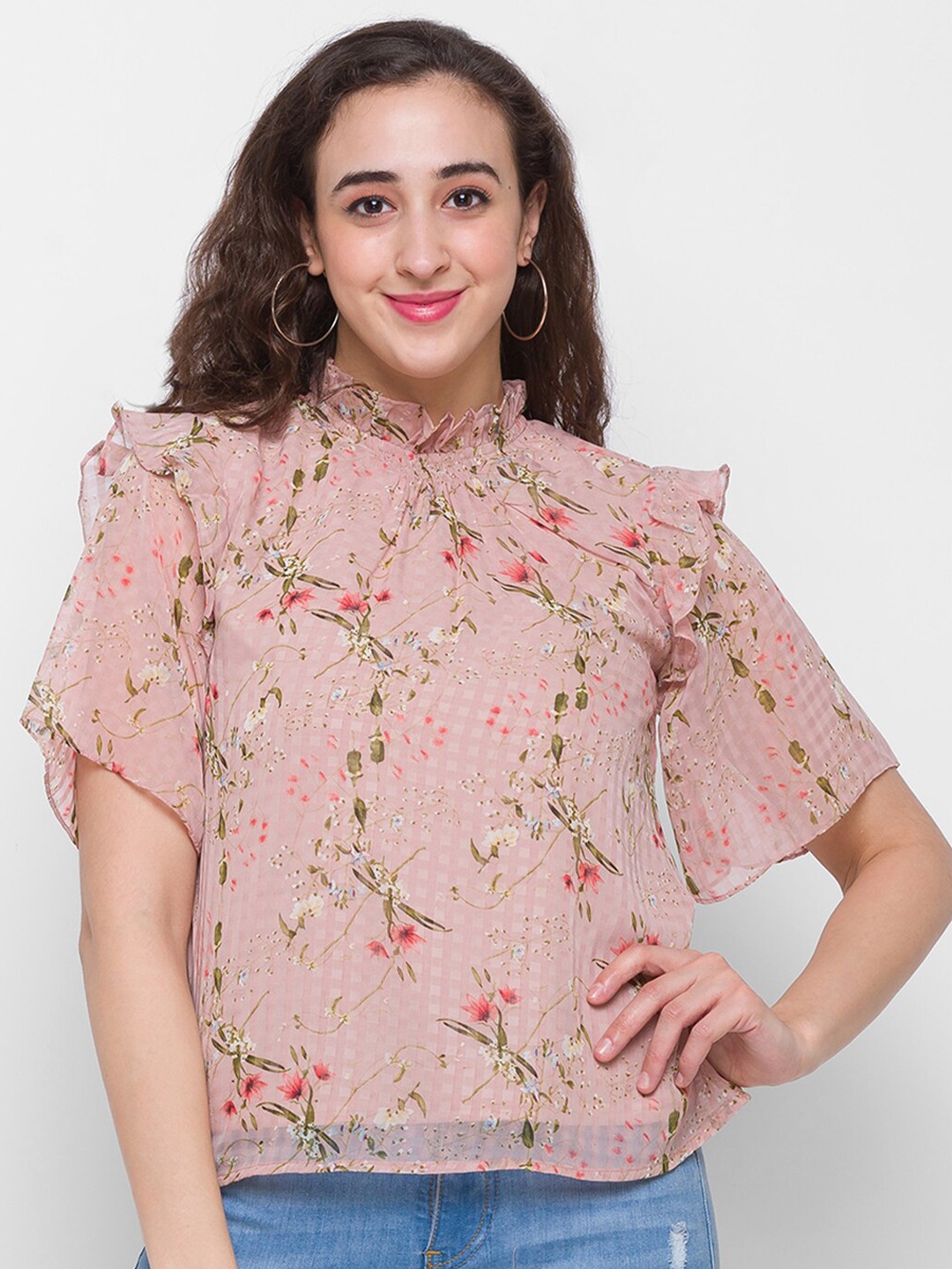 

Globus Peach-Coloured Floral Print Georgette Top