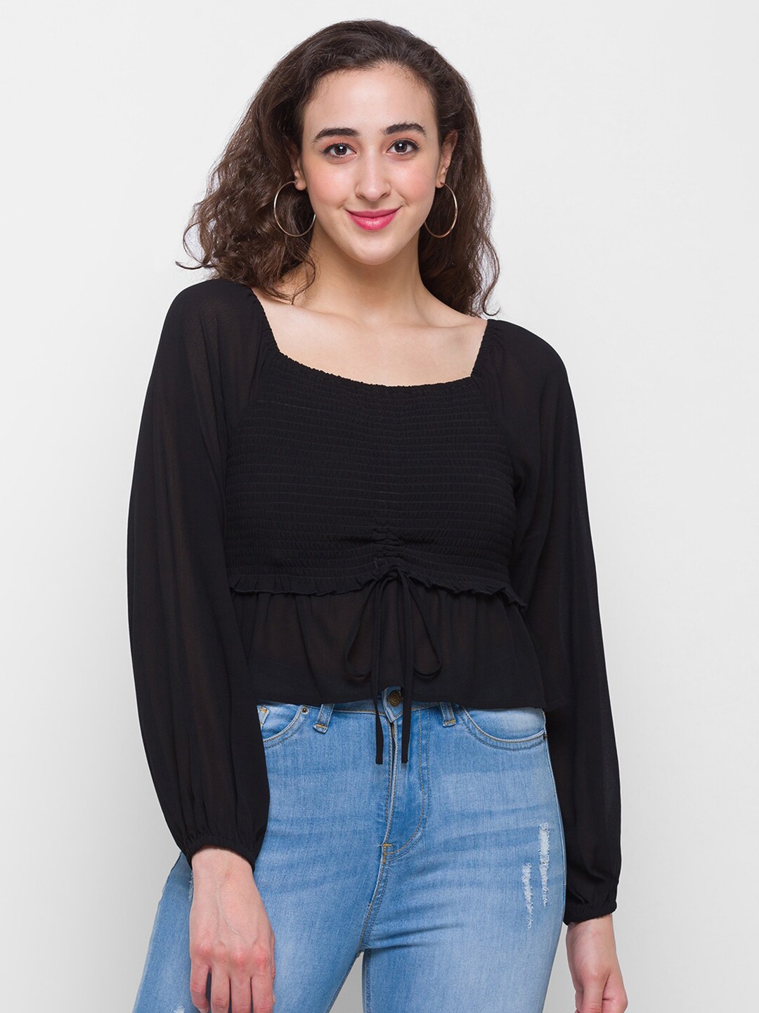 

Globus Black Georgette Cinched Waist Crop Top