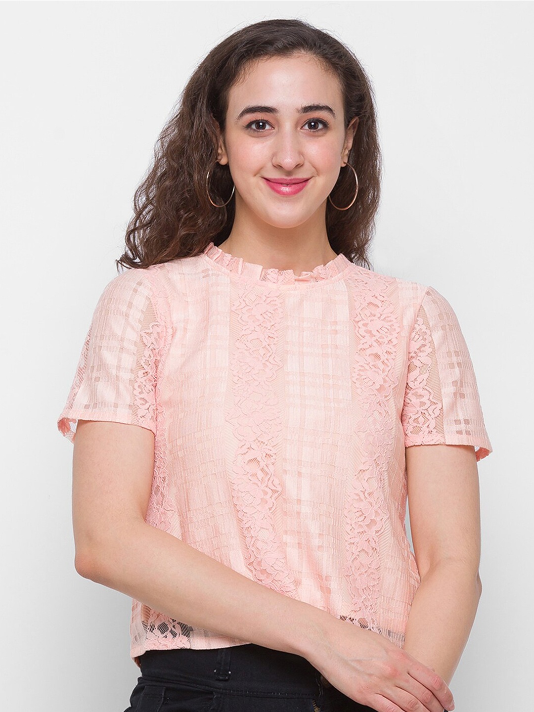 

Globus Peach-Coloured Self Design Lace Top