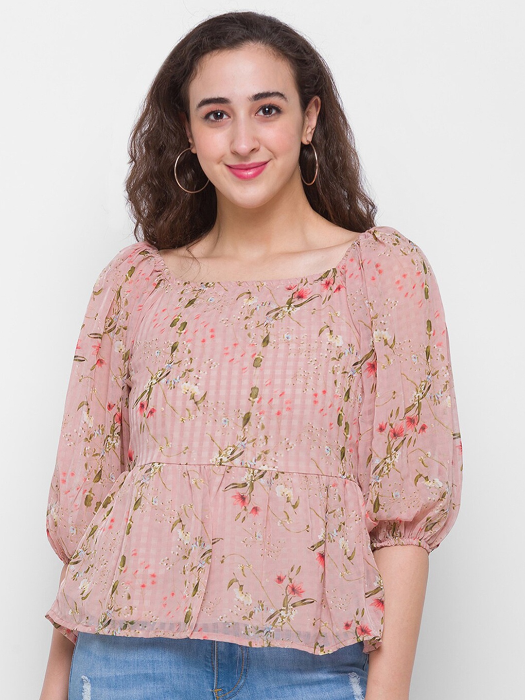 

Globus Peach-Coloured Floral Print Georgette Peplum Top