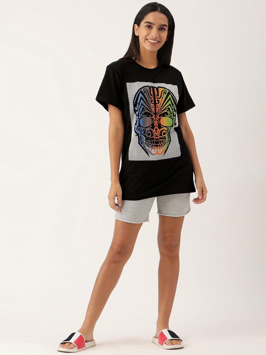 

Kryptic Women Black Printed Pure Cotton Oversized Longline Tshirt