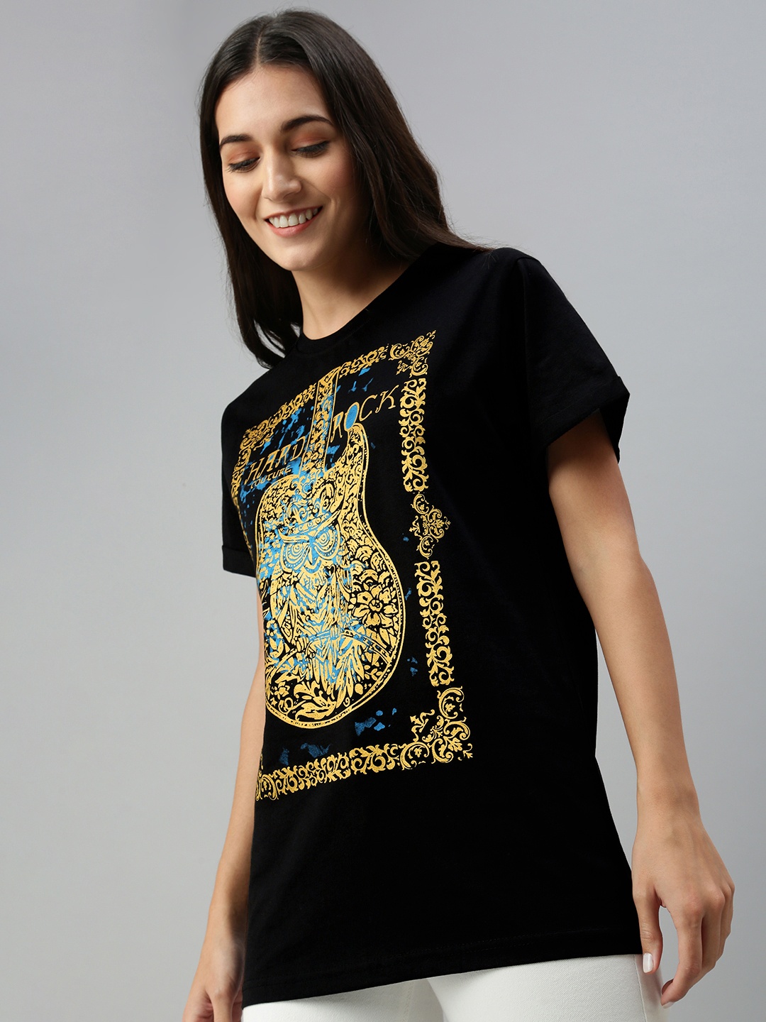 

Kryptic Women Black Printed Pure Cotton Oversized Longline Tshirt