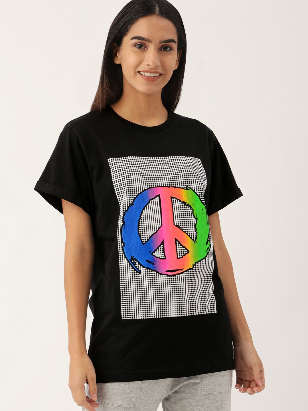 

Kryptic Women Black Printed Pure Cotton Oversized Longline Tshirt