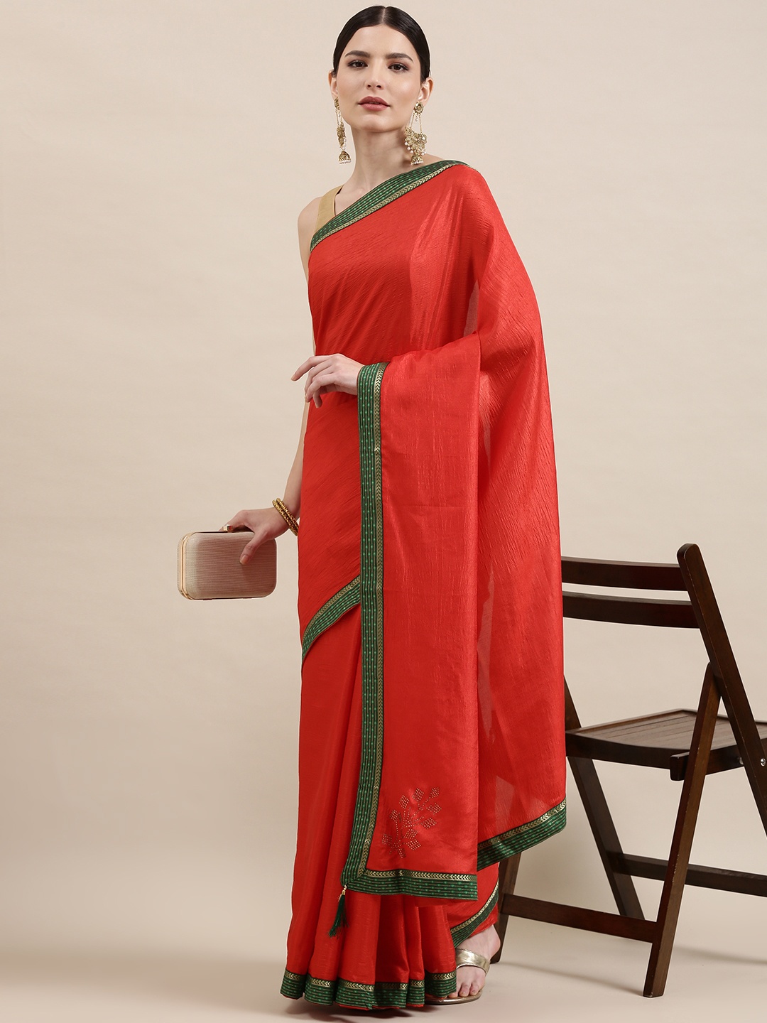 

Indian Women Coral Red & Green Ethnic Motifs Zari Silk Blend Saree