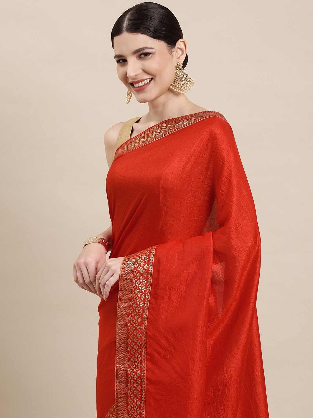 

Indian Women Red & Silver Zari Silk Blend Saree