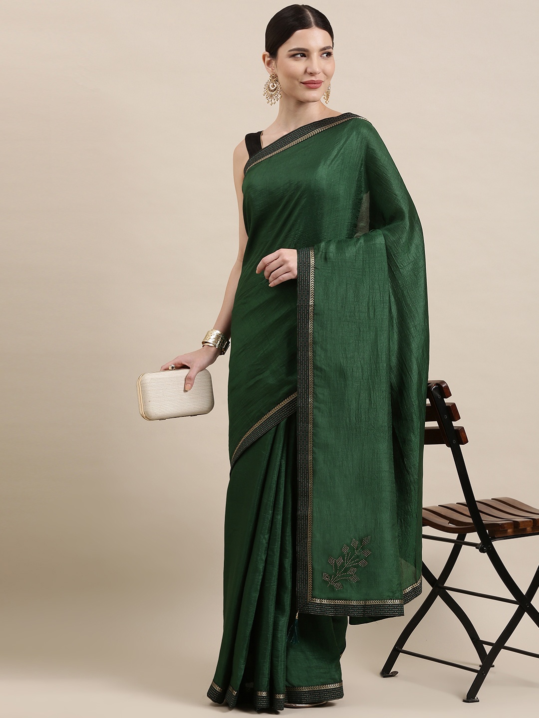 

Indian Women Green & Beige Zari Silk Blend Saree