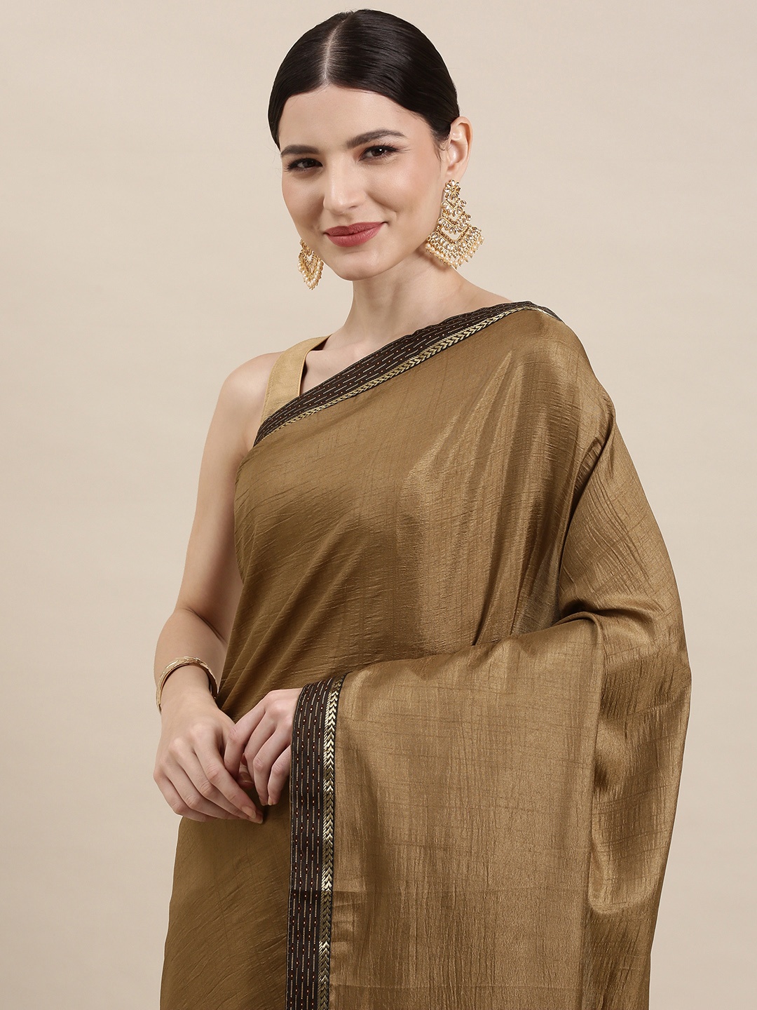 

Indian Women Olive Brown & Black Zari Silk Blend Saree