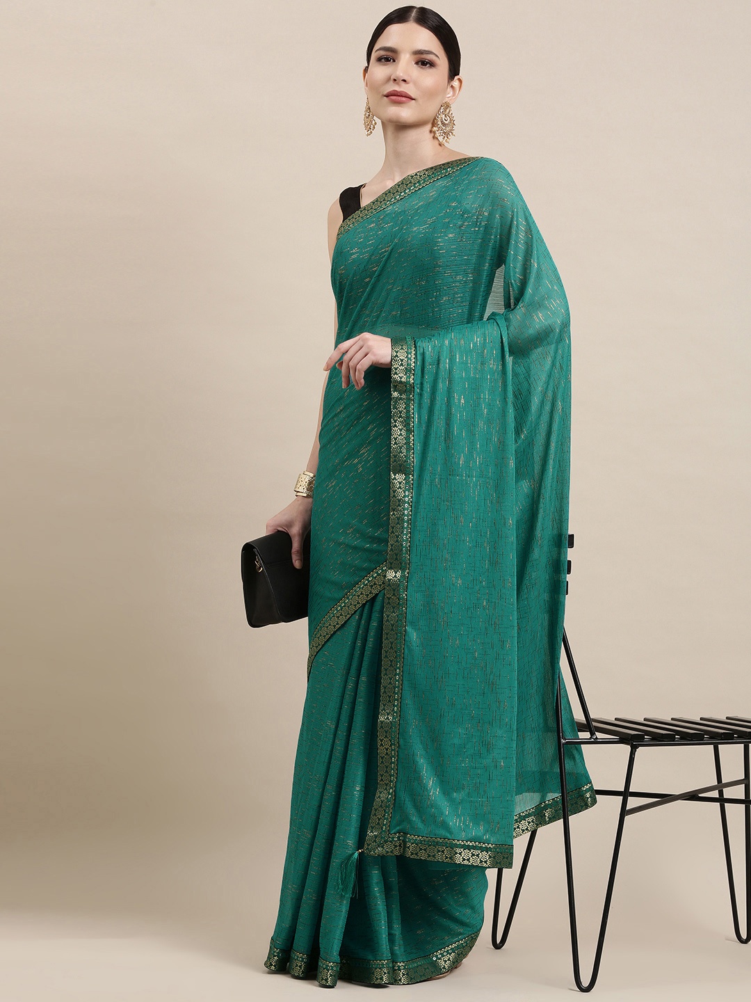 

Indian Women Teal Green & Beige Striped Zari Silk Blend Saree