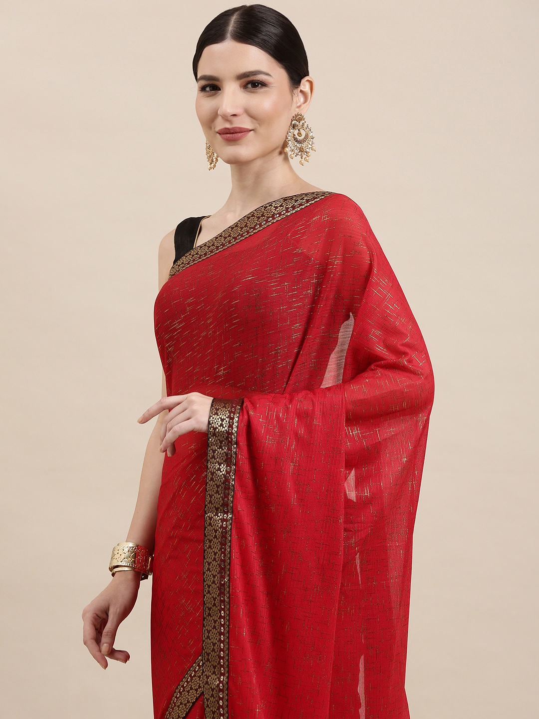 

Indian Women Maroon & Beige Striped Zari Silk Blend Saree