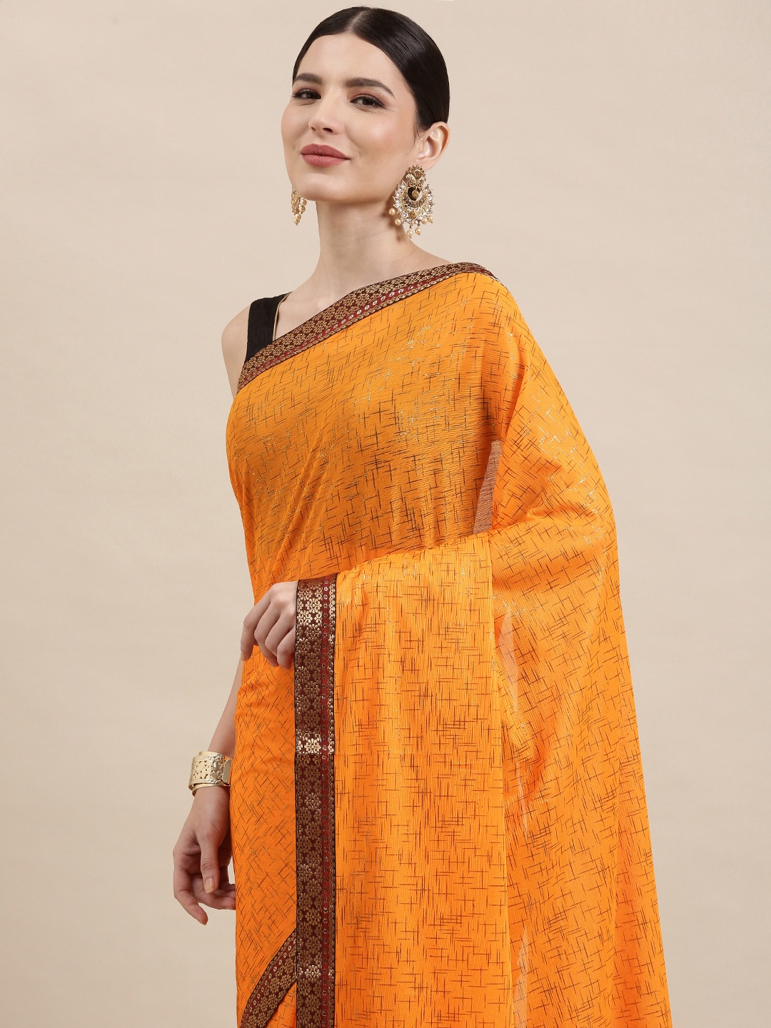 

Indian Women Mustard Yellow & Maroon Checked Zari Silk Blend Saree