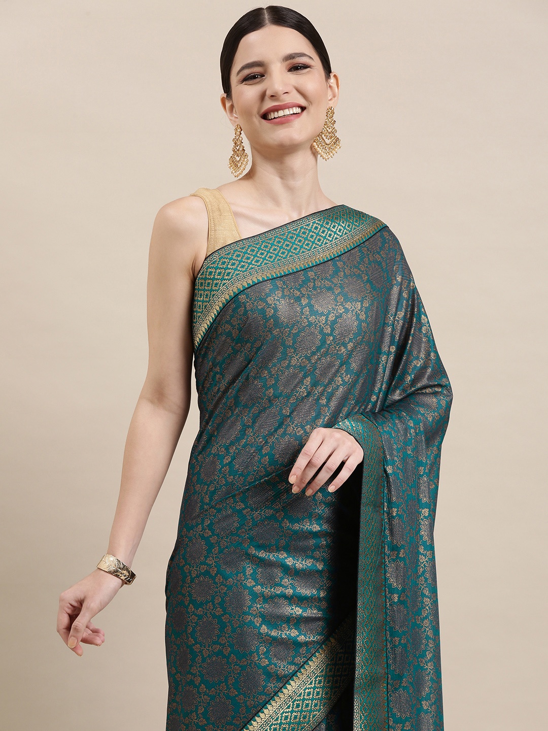 

Indian Women Charcoal Grey & Beige Ethnic Motifs Zari Silk Blend Saree