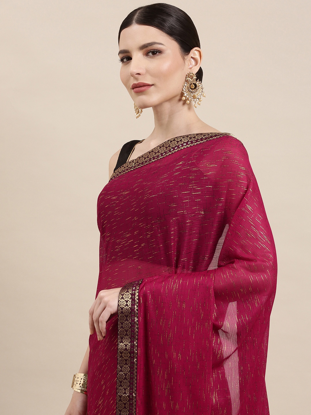

Indian Women Magenta & Golden Striped Zari Silk Blend Saree