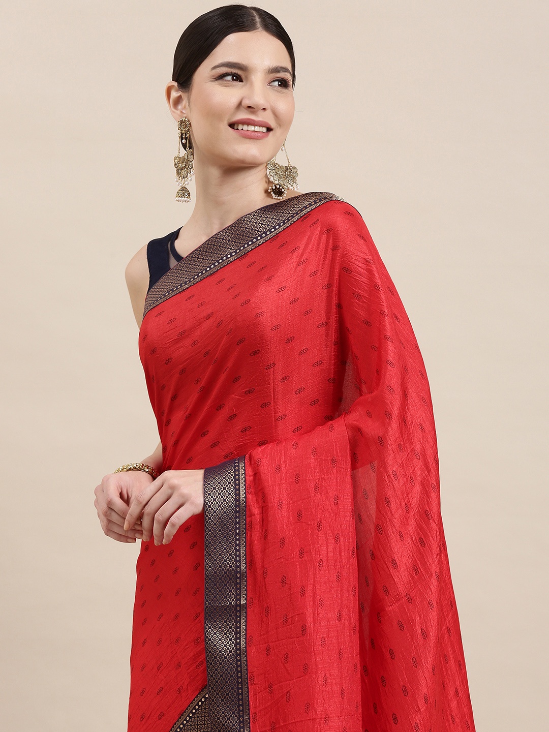 

Indian Women Red & Black Checked Zari Silk Blend Saree