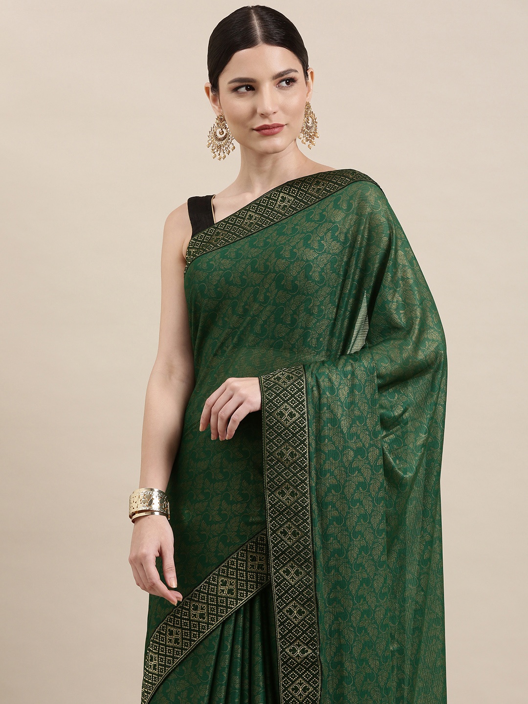 

Indian Women Olive Green & Black Ethnic Motifs Zari Silk Blend Saree