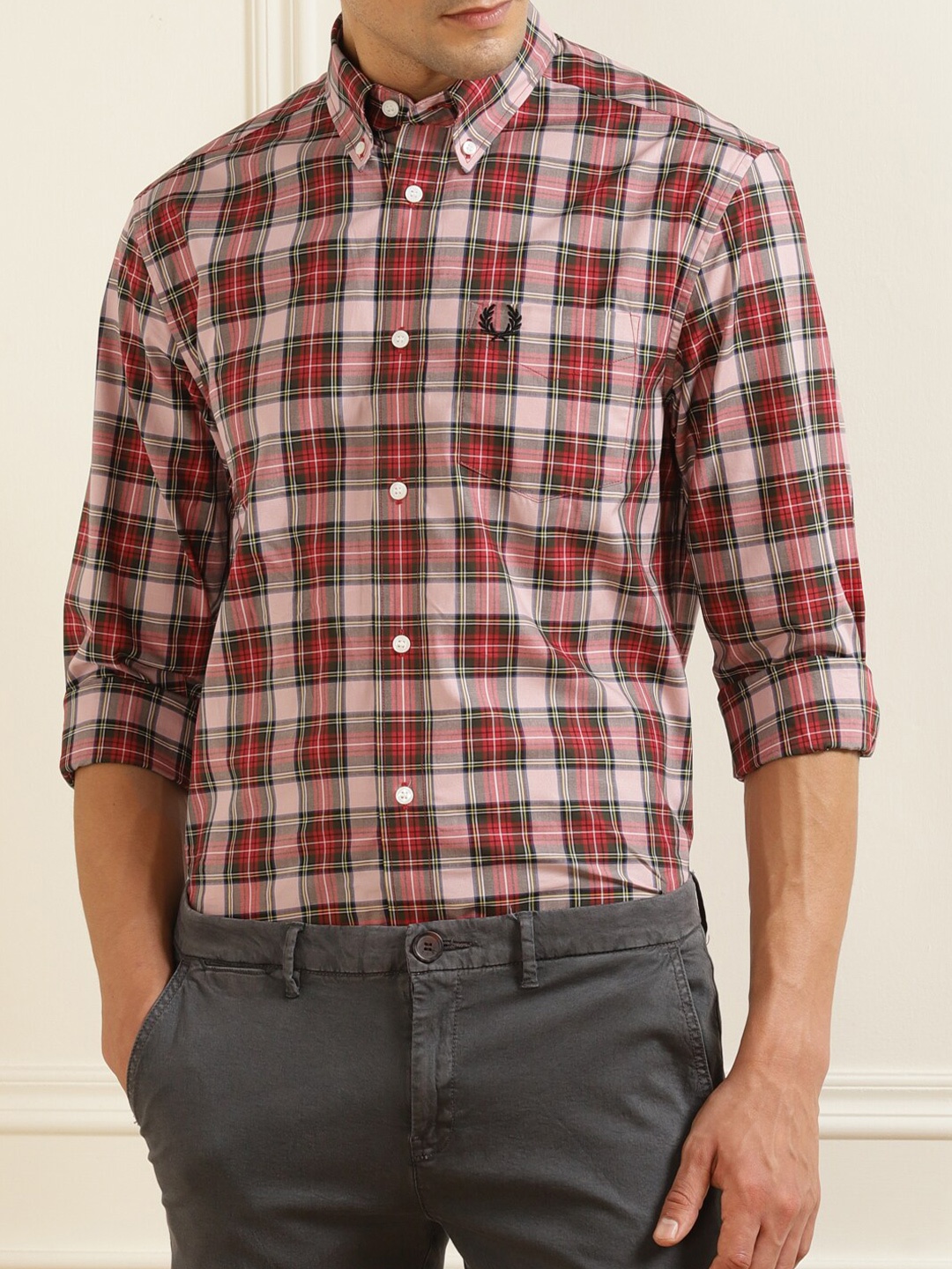 

Fred Perry Men Pink Tartan Checks Checked Cotton Casual Shirt