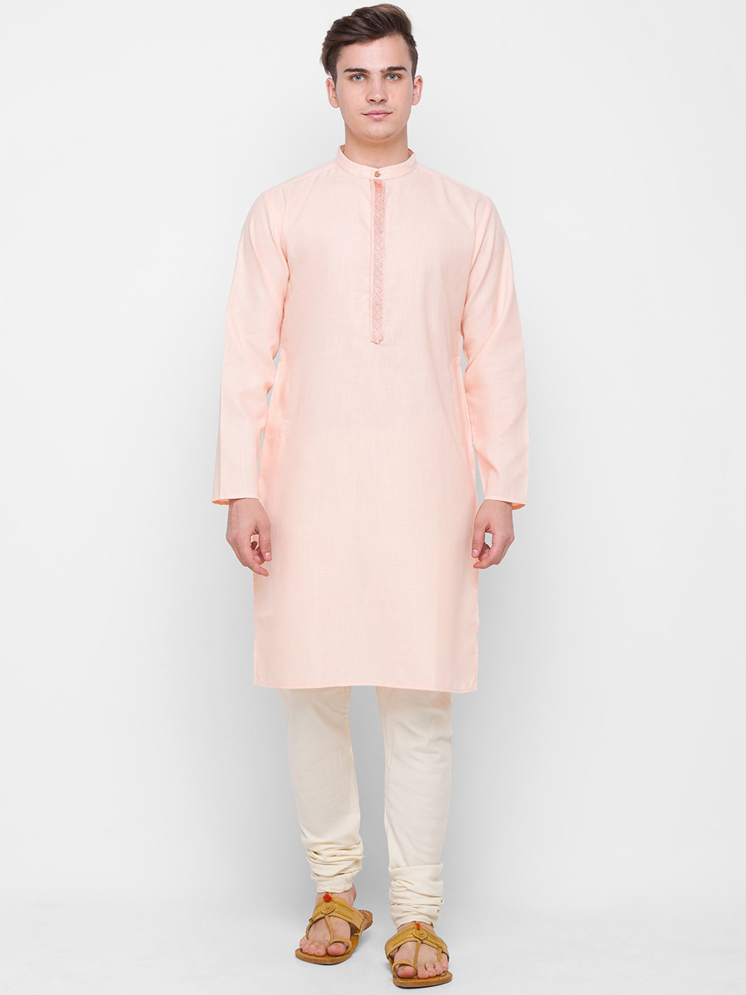 

Globus Men Peach-Coloured Thread Work Kurta