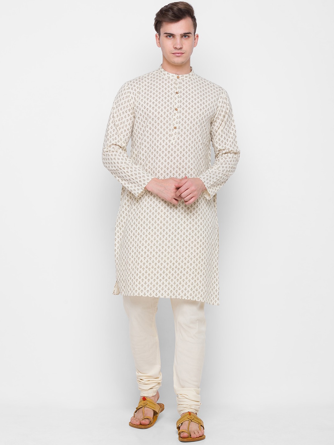 

Globus Men Beige Floral Print Cotton Kurta