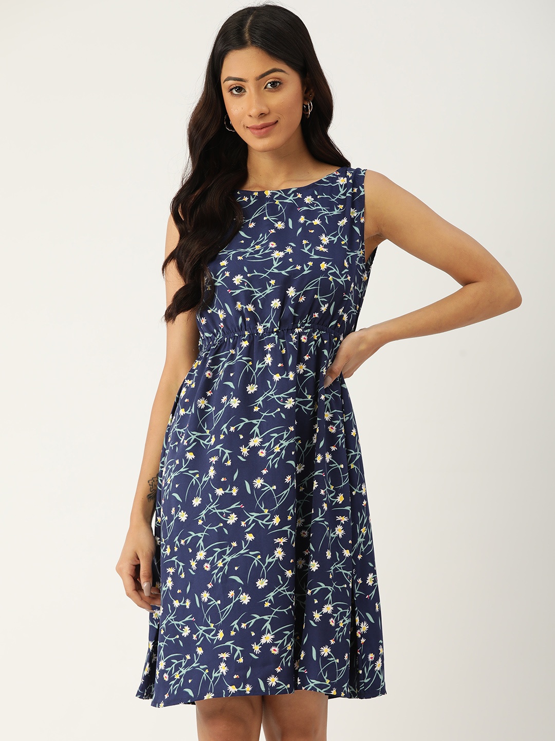 

Quinoa Navy Blue & White Ethnic Motifs A-Line Dress