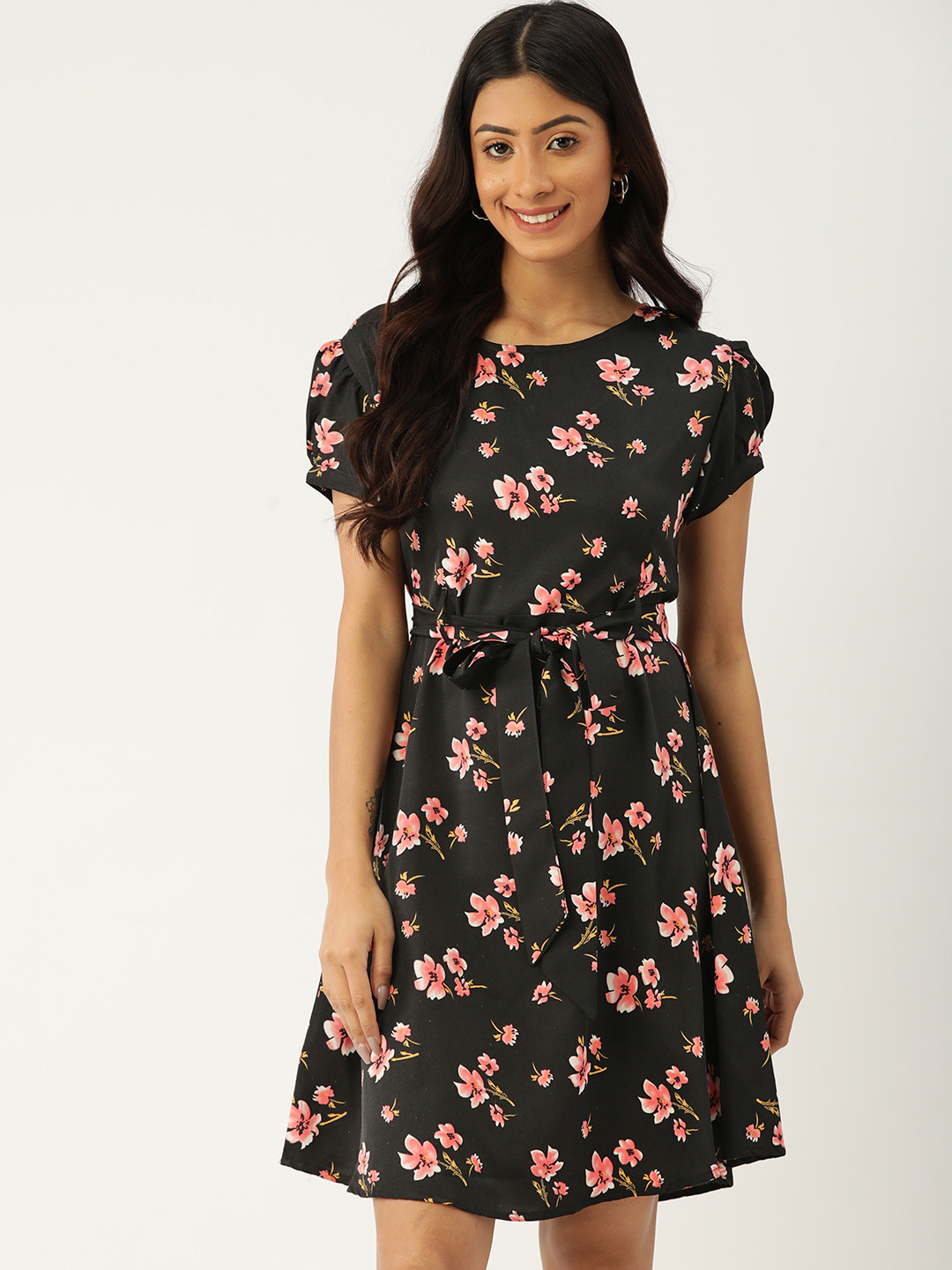 

Quinoa Black & Pink Floral Print A-Line Dress