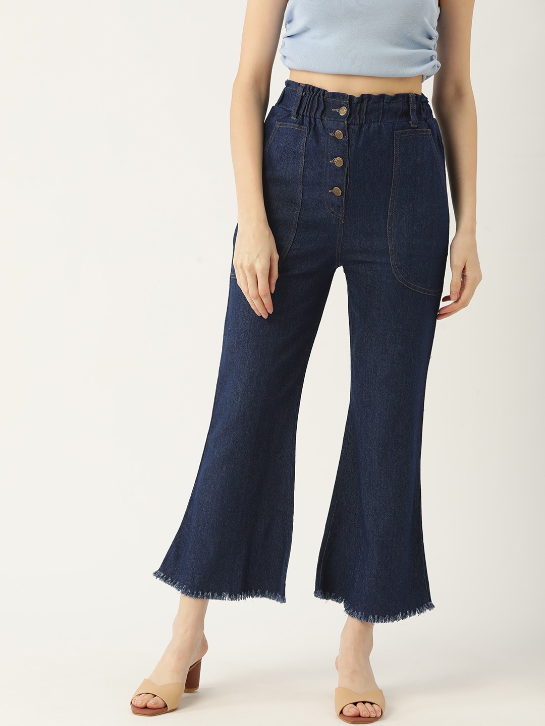 

Quinoa Women Navy Blue Cotton Bootcut High-Rise Jeans