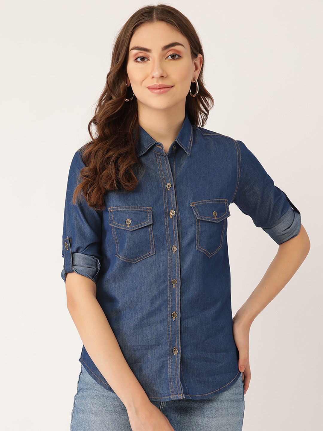 

Quinoa Women Navy Blue Denim Casual Shirt