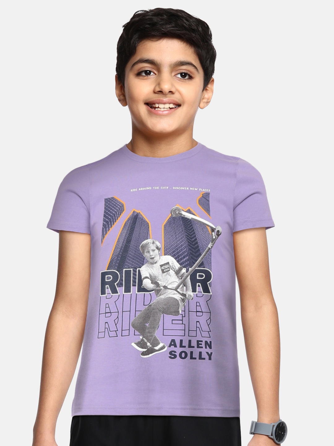 

Allen Solly Junior Boys Purple & Navy Blue Printed Cotton T-shirt