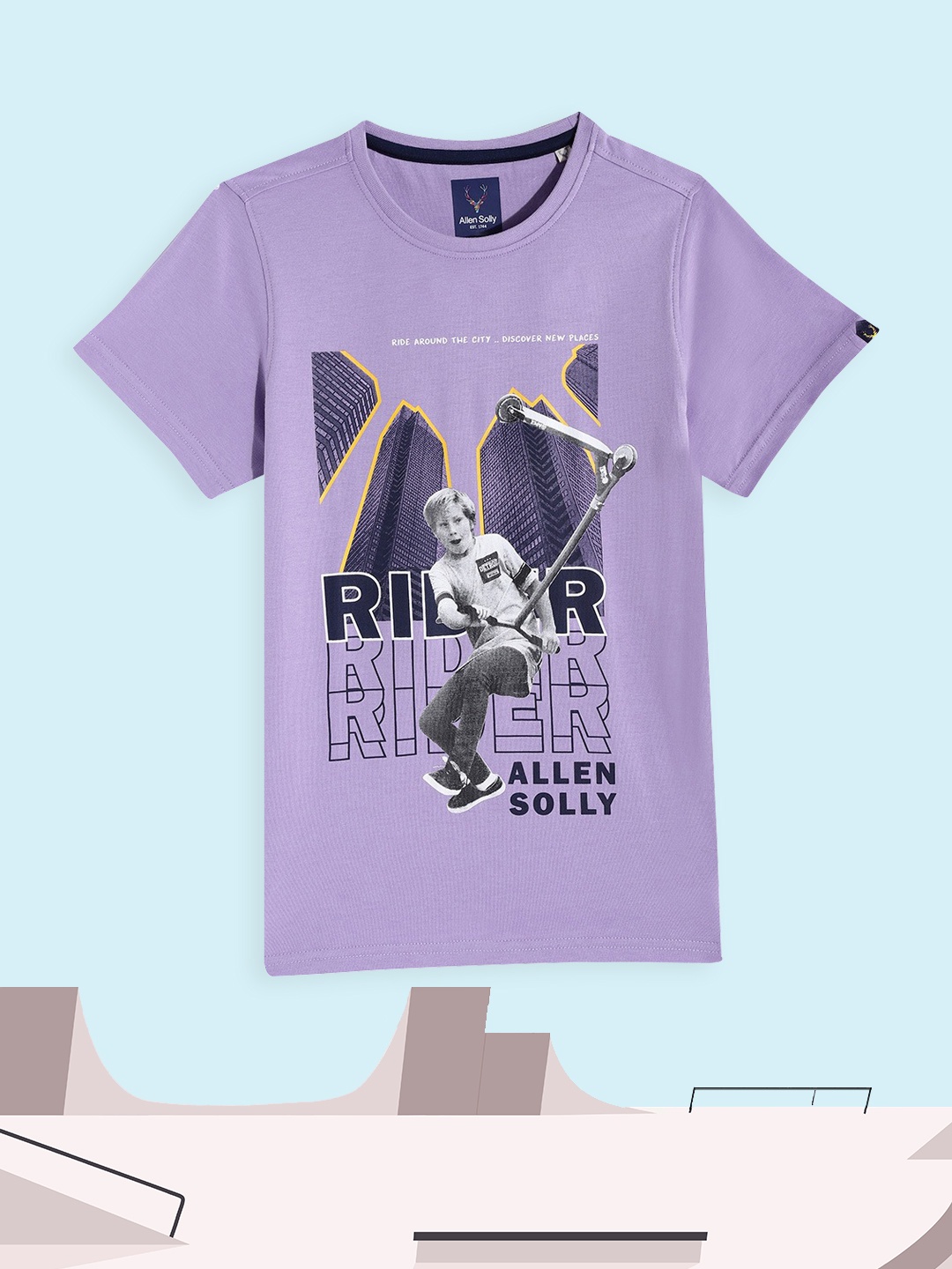 

Allen Solly Junior Boys Purple & Navy Blue Printed Cotton T-shirt