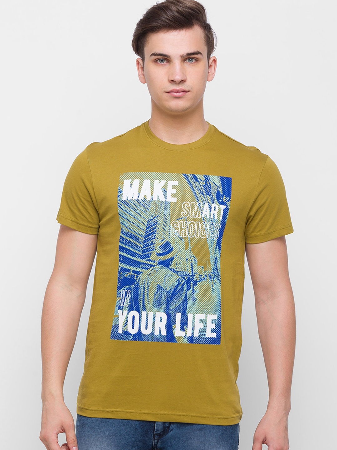 

Globus Men Olive Green Printed Slim Fit Cotton T-shirt