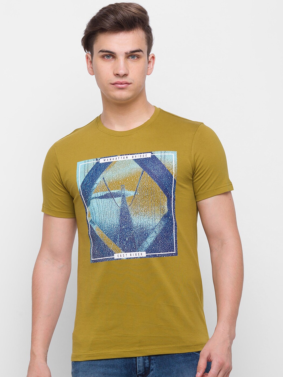 

Globus Men Yellow Printed Slim Fit Cotton T-shirt