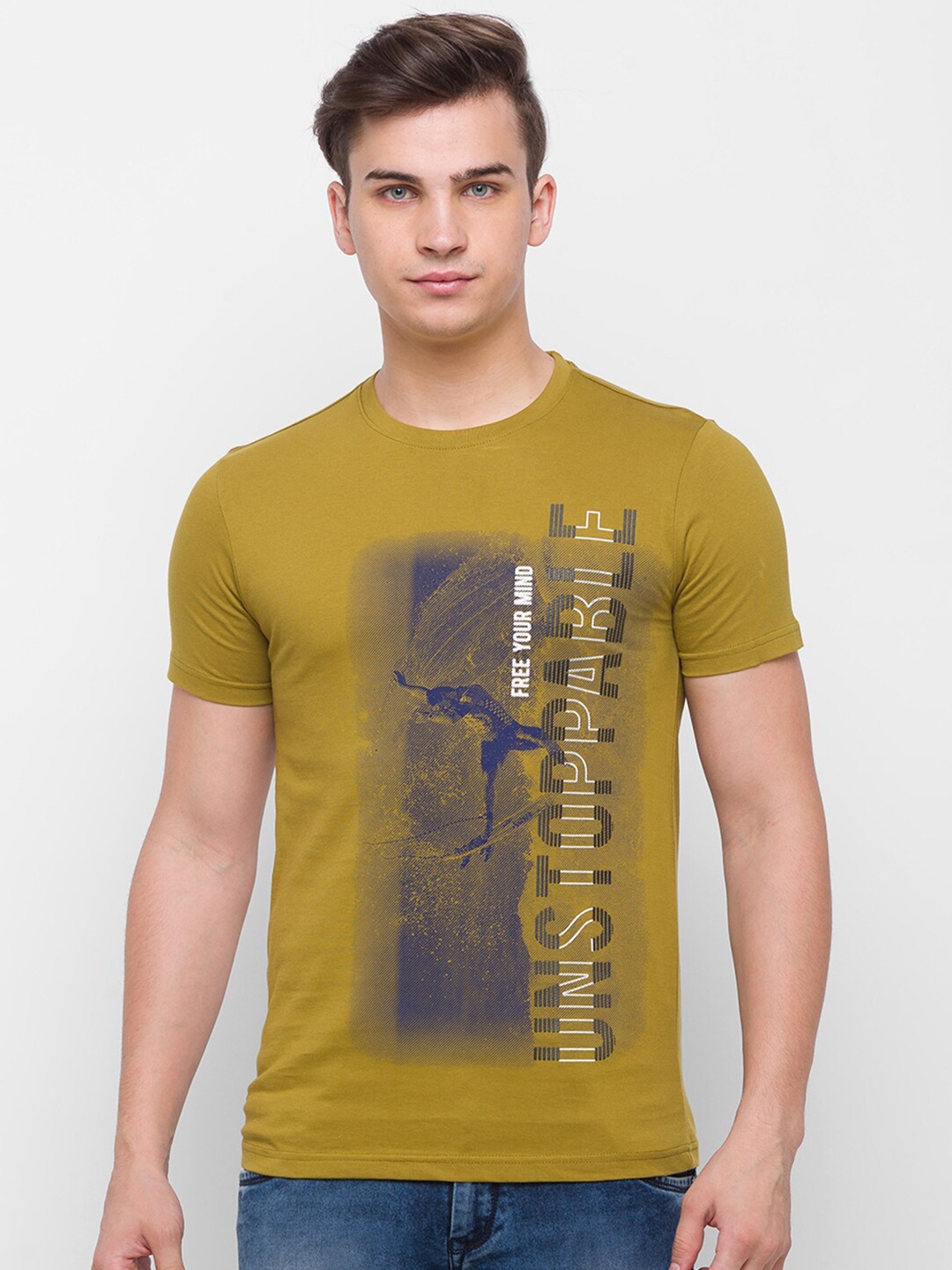 

Globus Men Yellow Printed Pure Cotton Slim Fit T-shirt