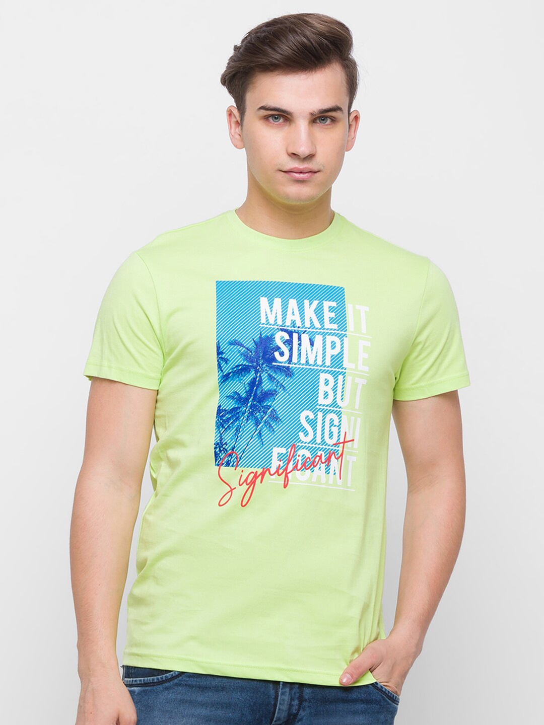 

Globus Men Lime Green Printed Slim Fit Cotton T-shirt