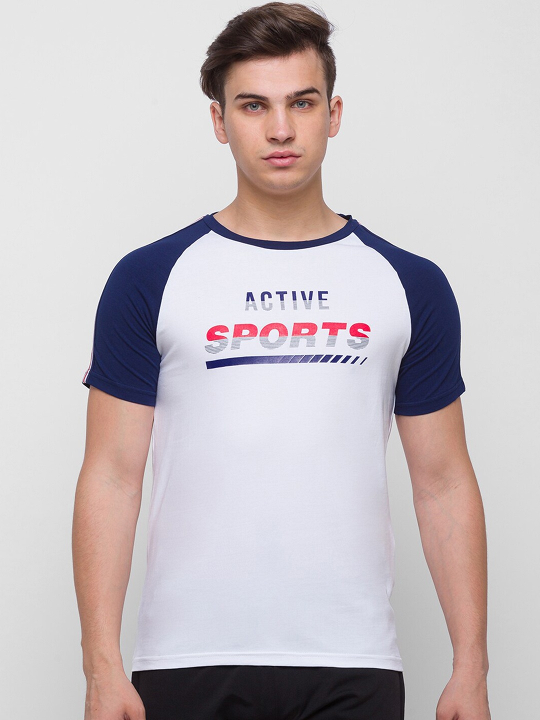 Globus Men White & Blue Typography Printed Slim Fit Dry Fit Running T-shirt
