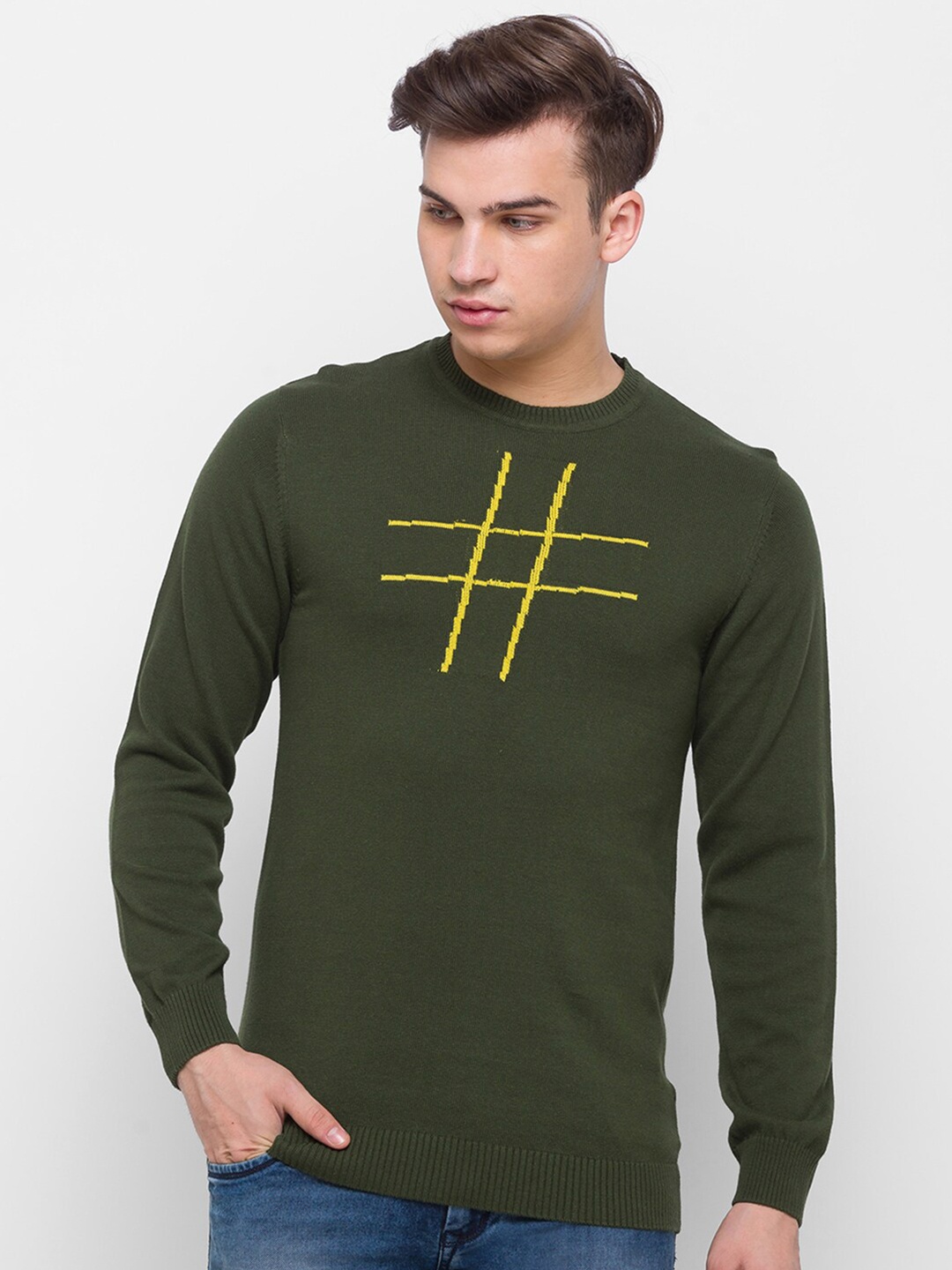 

Globus Men Olive Green Printed Pure Cotton T-shirt