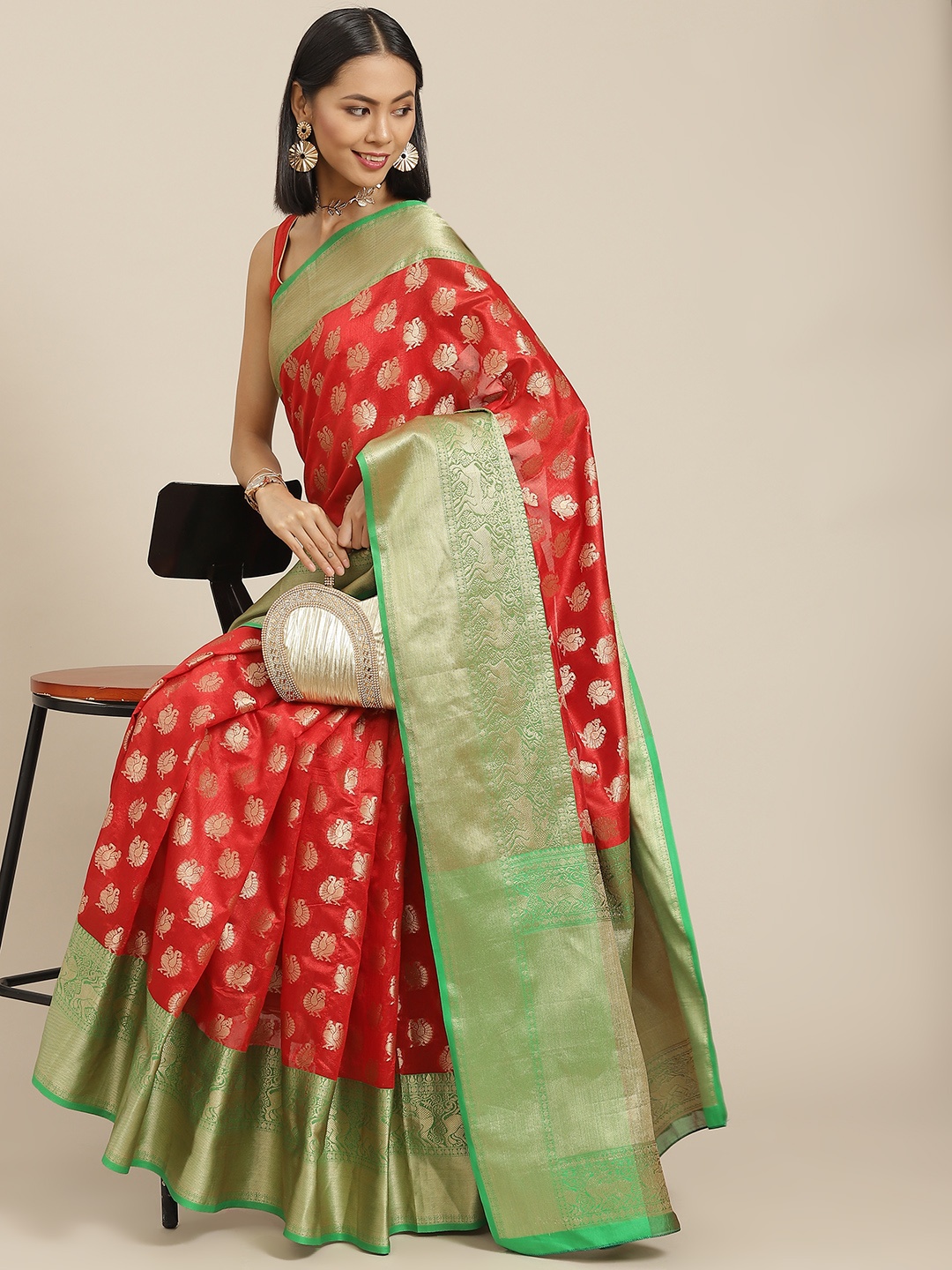 

Silk Land Red & Green Woven Design Zari Kanjeevaram Saree