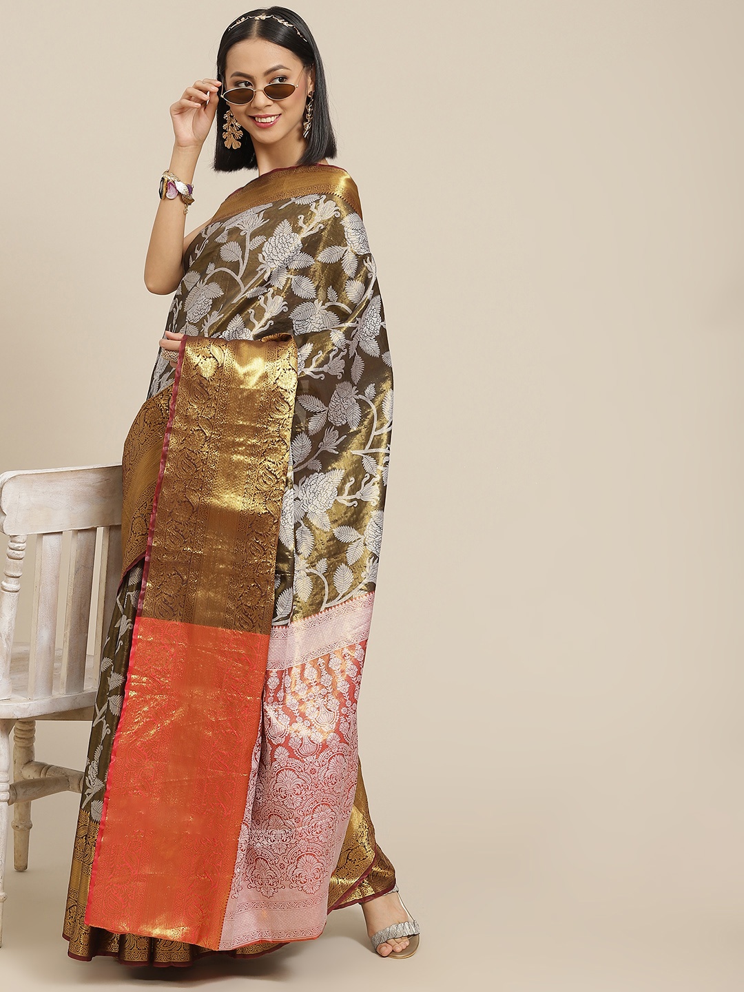 

Silk Land Coffee Brown & Red Floral Zari Ikat Saree