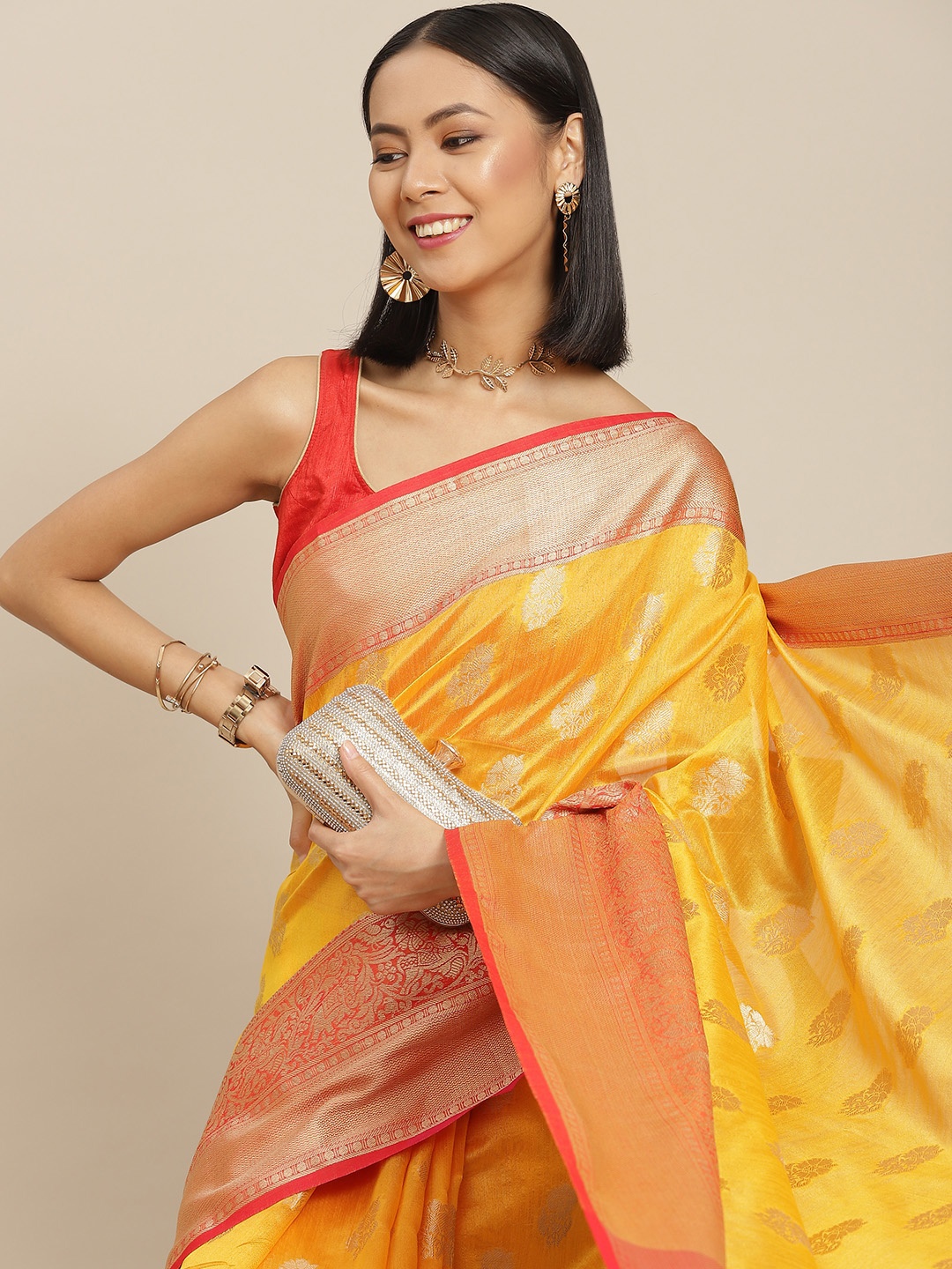 

Silk Land Yellow & Red Ethnic Motifs Zari Kanjeevaram Saree