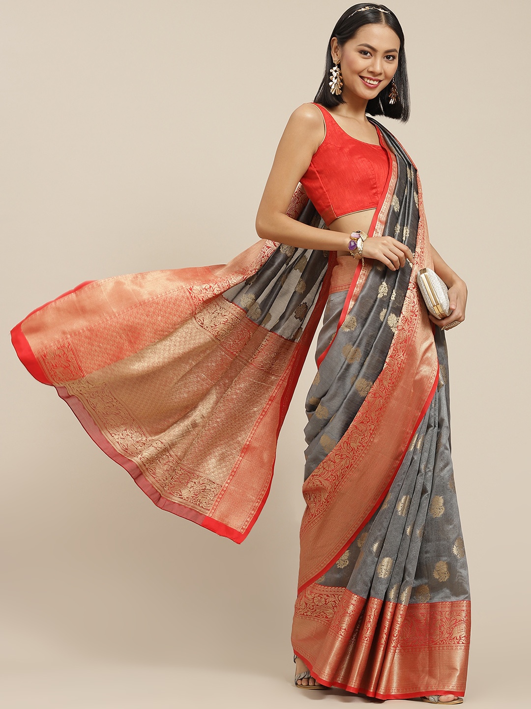 

Silk Land Grey & Red Ethnic Motifs Zari Kanjeevaram Saree