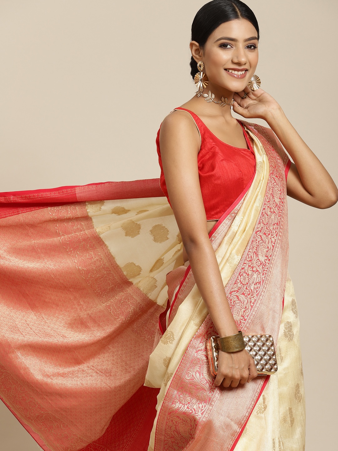 

Silk Land Off White & Red Ethnic Motifs Zari Kanjeevaram Saree