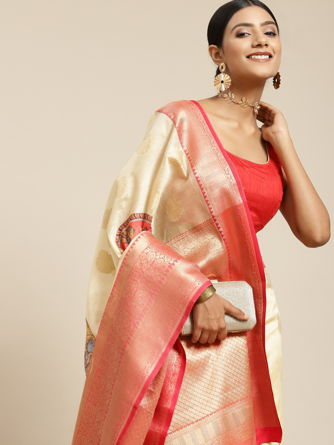 

Silk Land Beige & Red Woven Design Zari Banarasi Saree