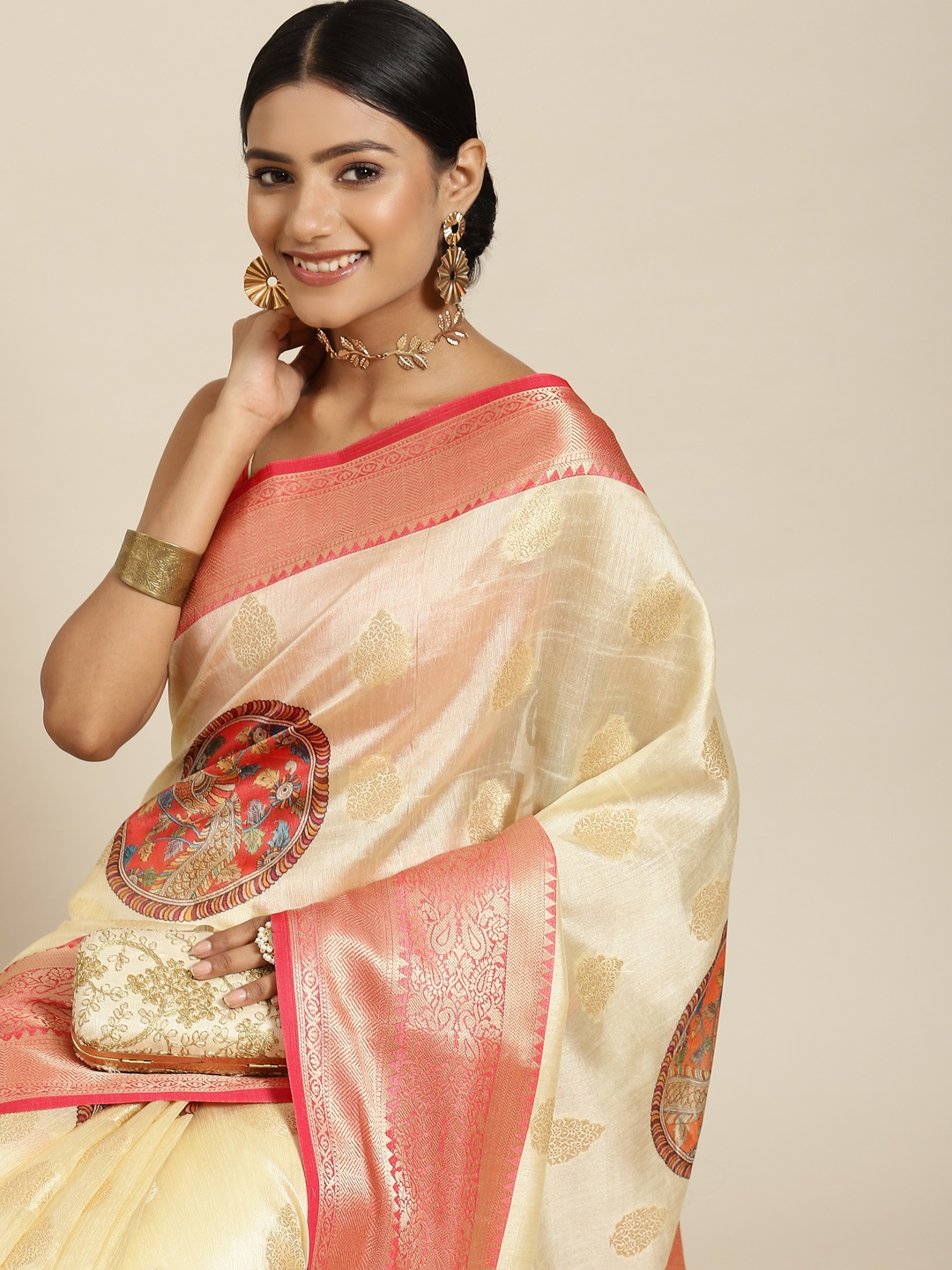 

Silk Land Beige & Red Woven Design Zari Banarasi Saree